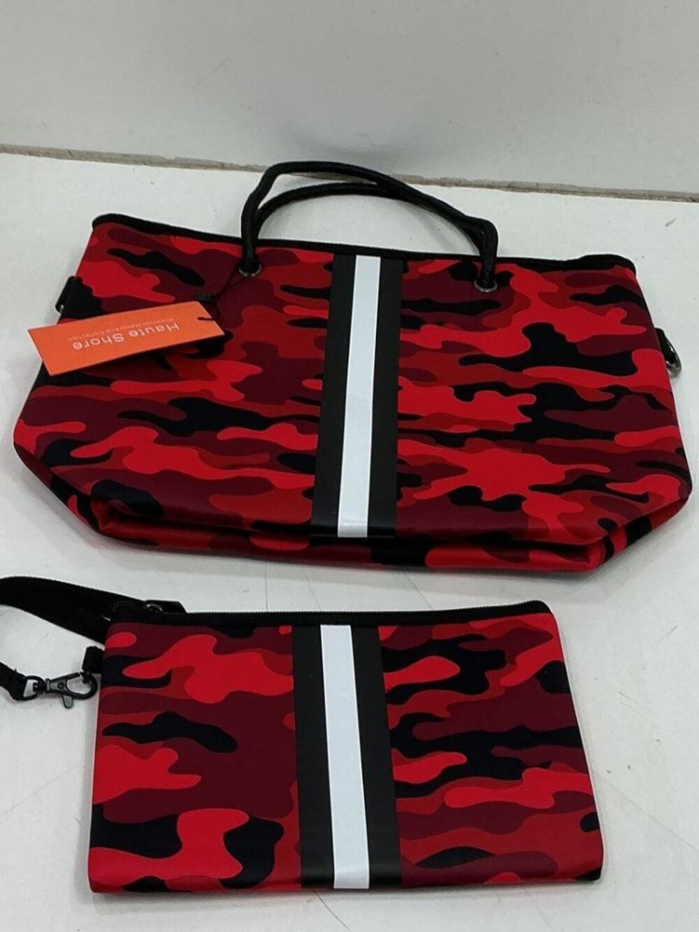 NWT Haute Shore Red Camouflage Neoprene Tote Bag & Wristlet Set